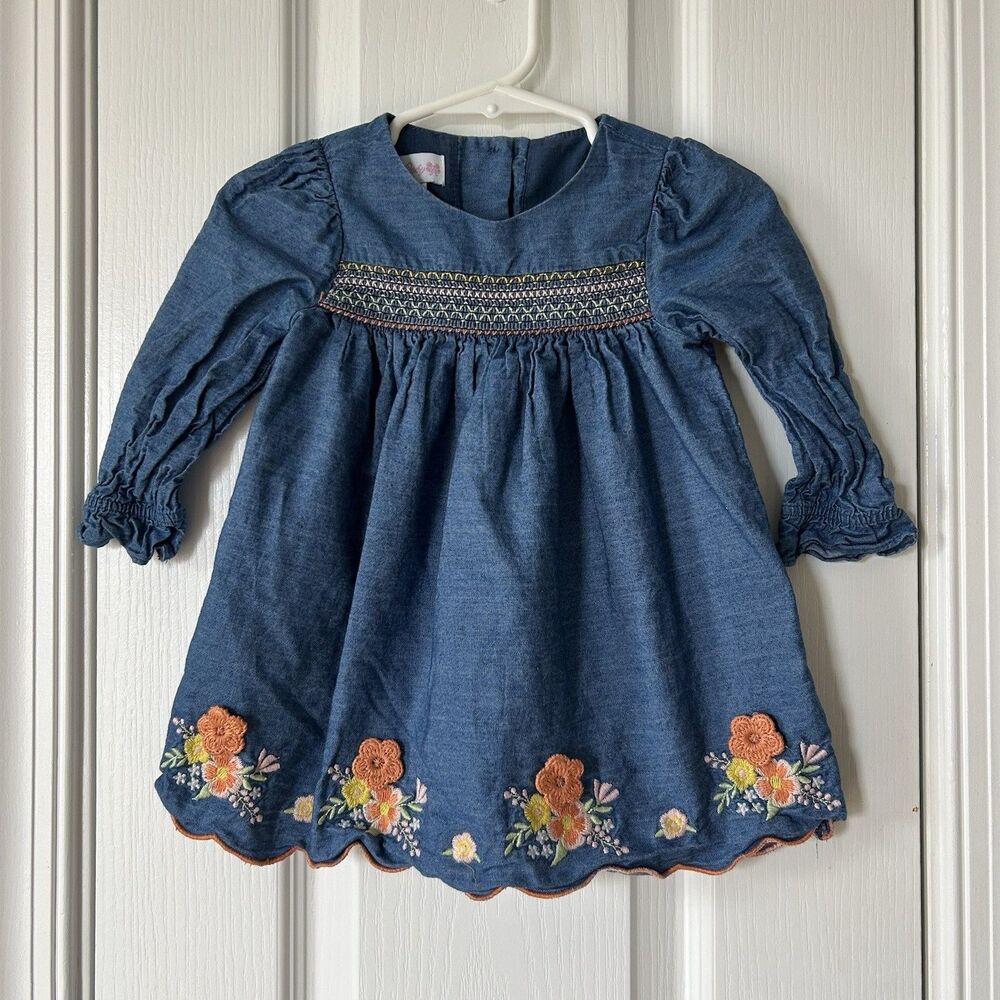 Bonnie Baby Chambray Smocked Dress 6-9 Months Floral Embroidered Long Sleeve